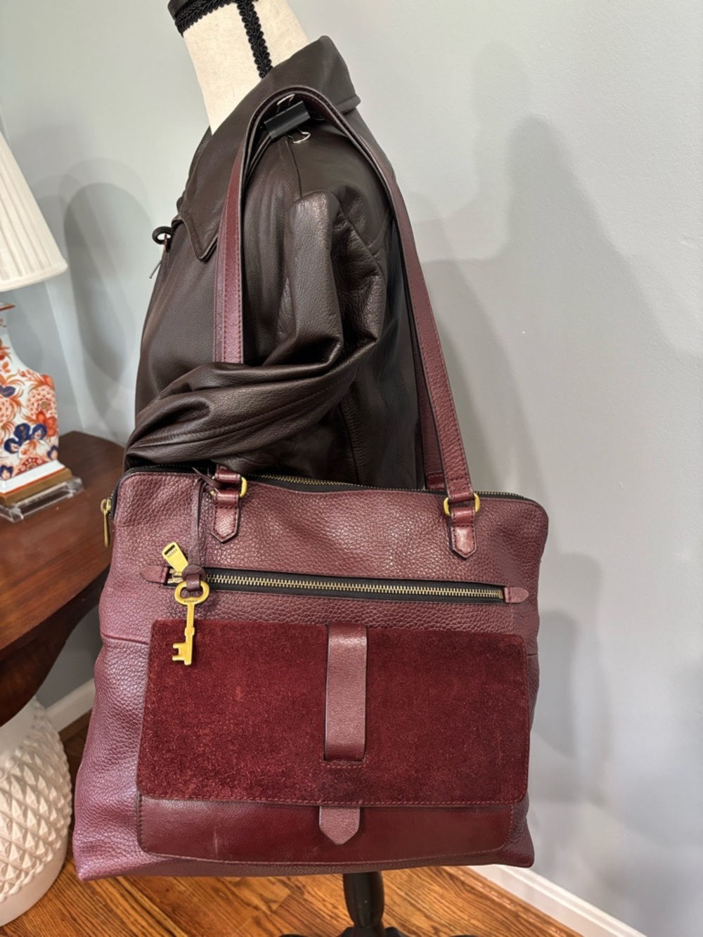 Fossil Kinley Leather and Suede Shopper Tote in Claret Red with gold hardware - Picture 14 of 14